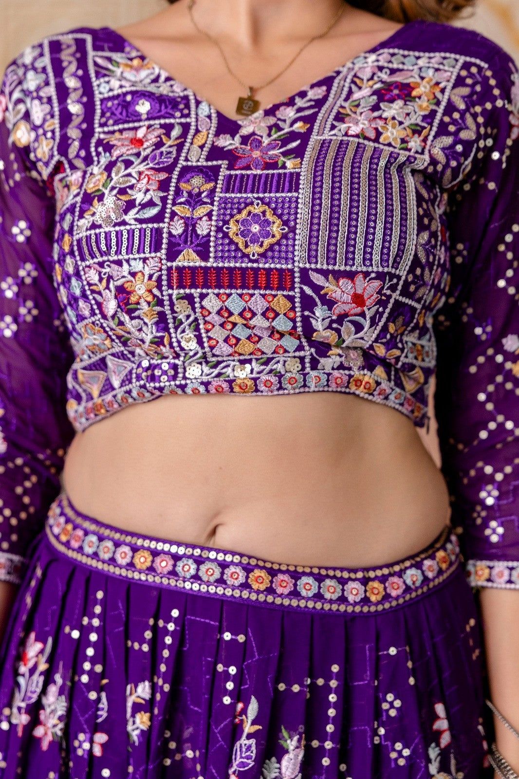 Purple Georgette Embroidered Semi-Stitched Lehenga Choli with Dupatta