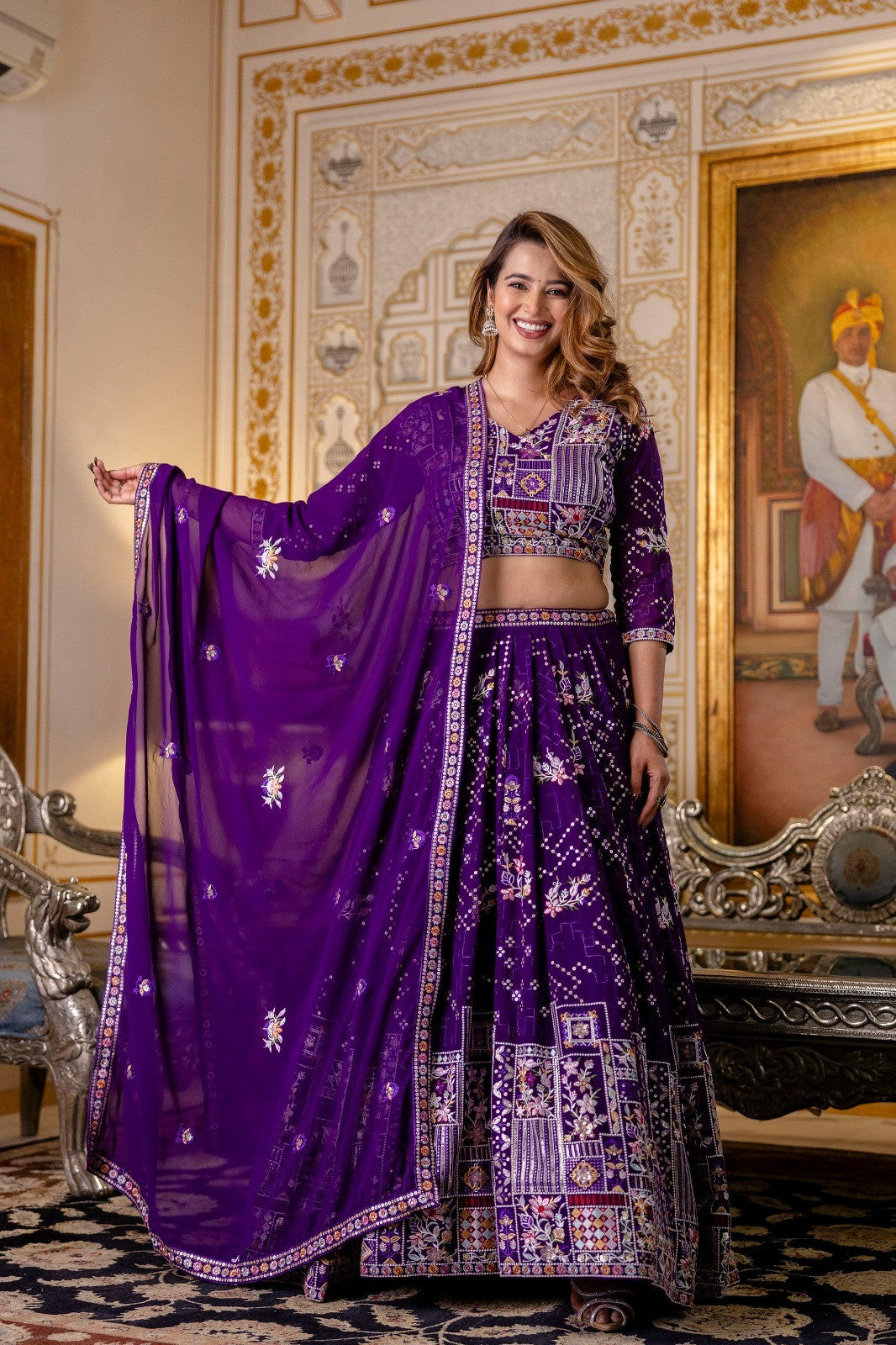 Purple Georgette Embroidered Semi-Stitched Lehenga Choli with Dupatta