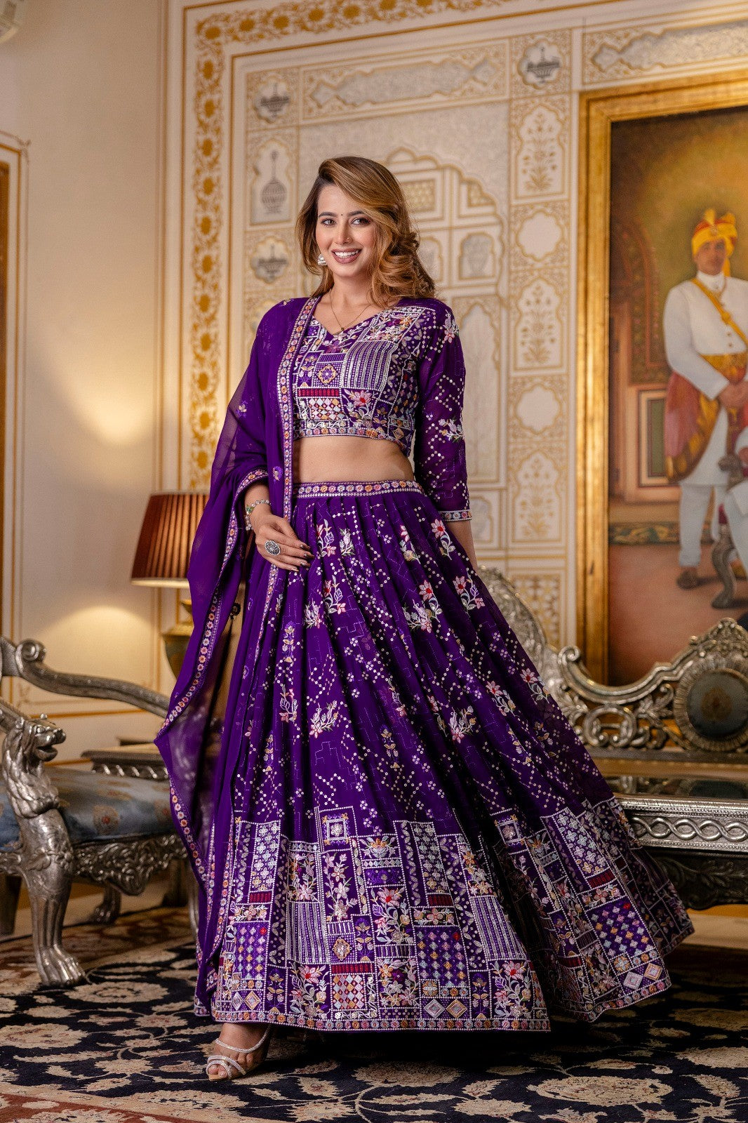 Purple Georgette Embroidered Semi-Stitched Lehenga Choli with Dupatta