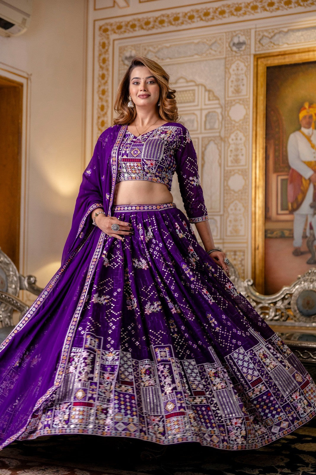 Purple Georgette Embroidered Semi-Stitched Lehenga Choli with Dupatta