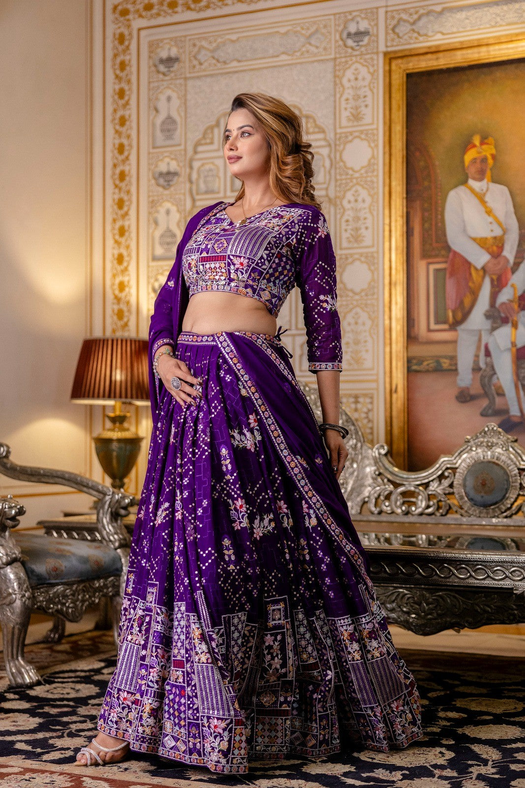Purple Georgette Embroidered Semi-Stitched Lehenga Choli with Dupatta