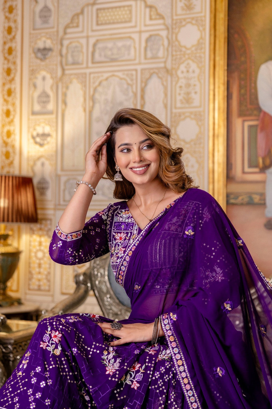 Purple Georgette Embroidered Semi-Stitched Lehenga Choli with Dupatta