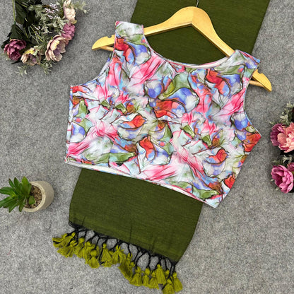 Printed Readymade Blouse with Solid Color Saree Multiple Vibrant Shades