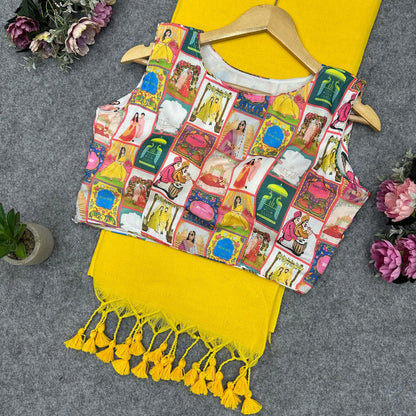 Printed Readymade Blouse with Solid Color Saree Multiple Vibrant Shades