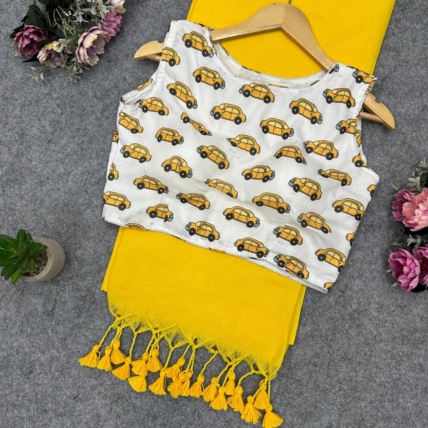 Printed Readymade Blouse with Solid Color Saree Multiple Vibrant Shades