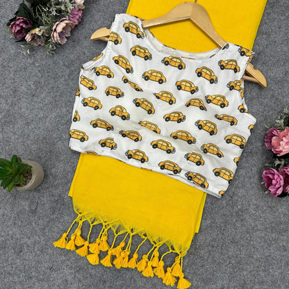 Printed Readymade Blouse with Solid Color Saree Multiple Vibrant Shades
