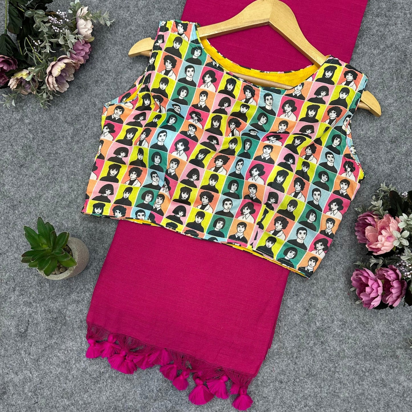 Printed Readymade Blouse with Solid Color Saree Multiple Vibrant Shades