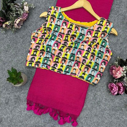 Printed Readymade Blouse with Solid Color Saree Multiple Vibrant Shades