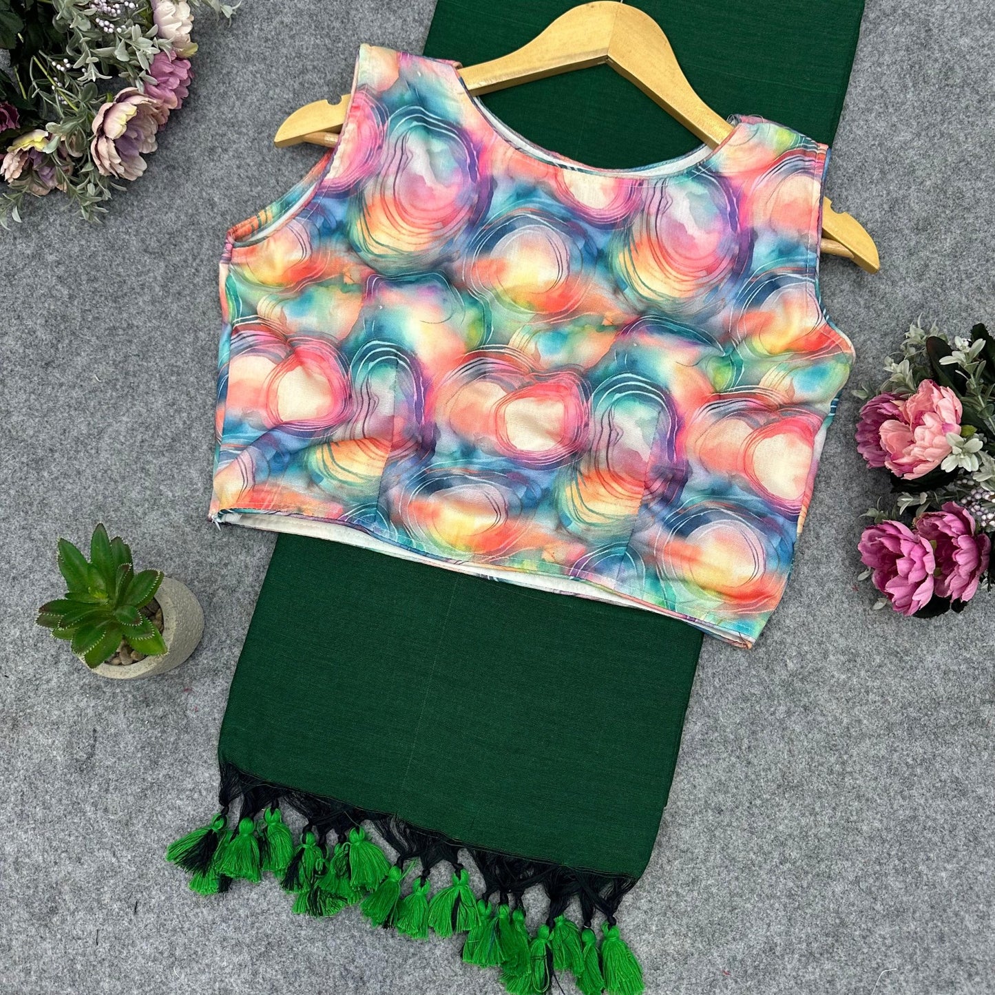 Printed Readymade Blouse with Solid Color Saree Multiple Vibrant Shades