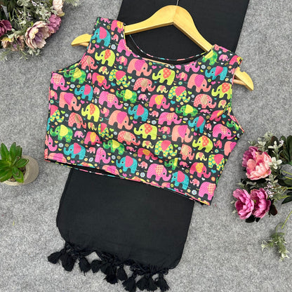 Printed Readymade Blouse with Solid Color Saree Multiple Vibrant Shades