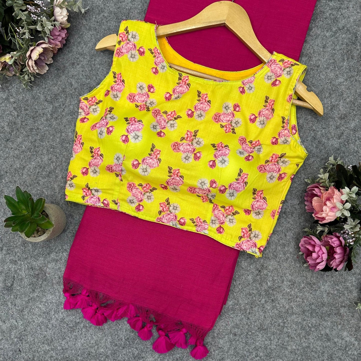 Printed Readymade Blouse with Solid Color Saree Multiple Vibrant Shades