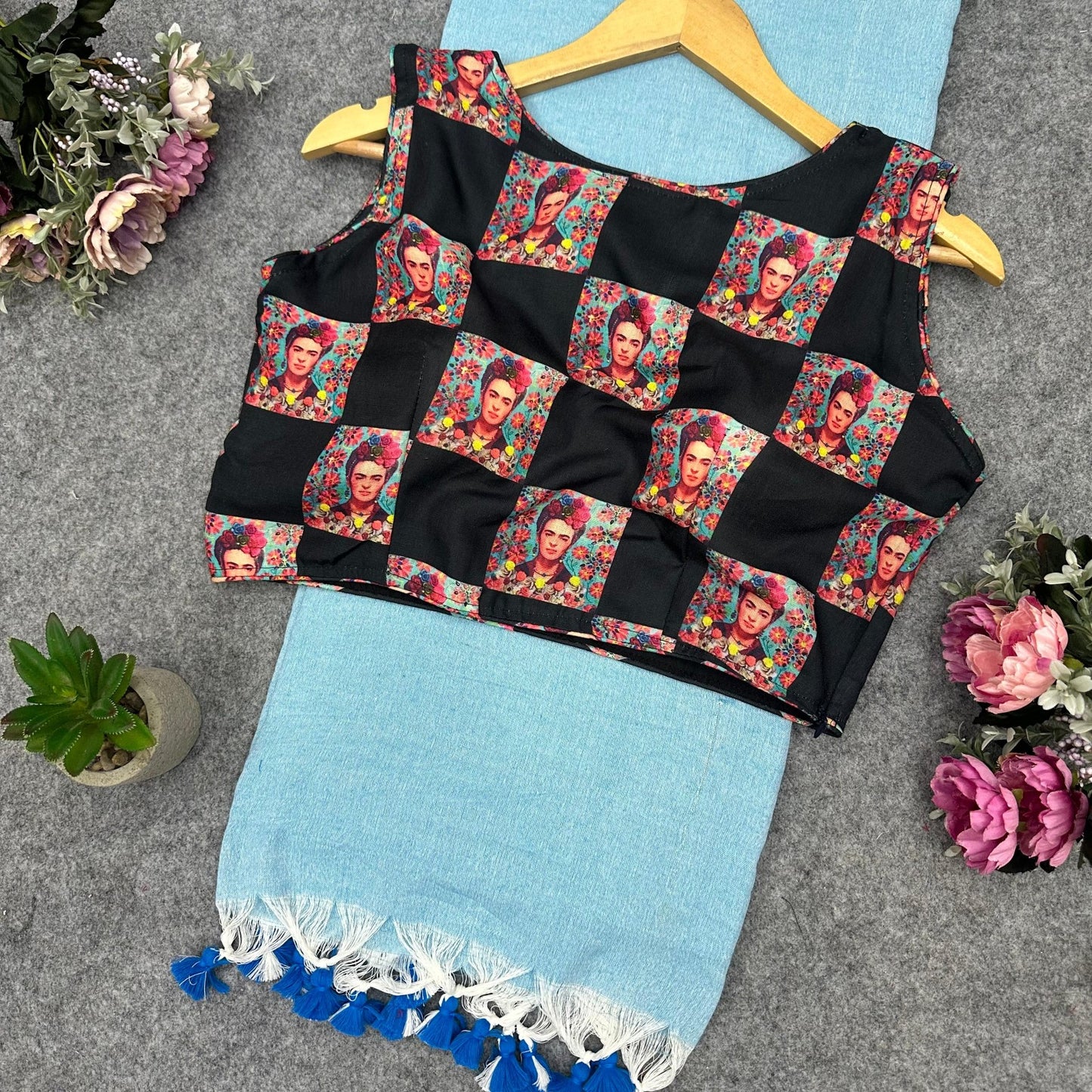 Printed Readymade Blouse with Solid Color Saree Multiple Vibrant Shades