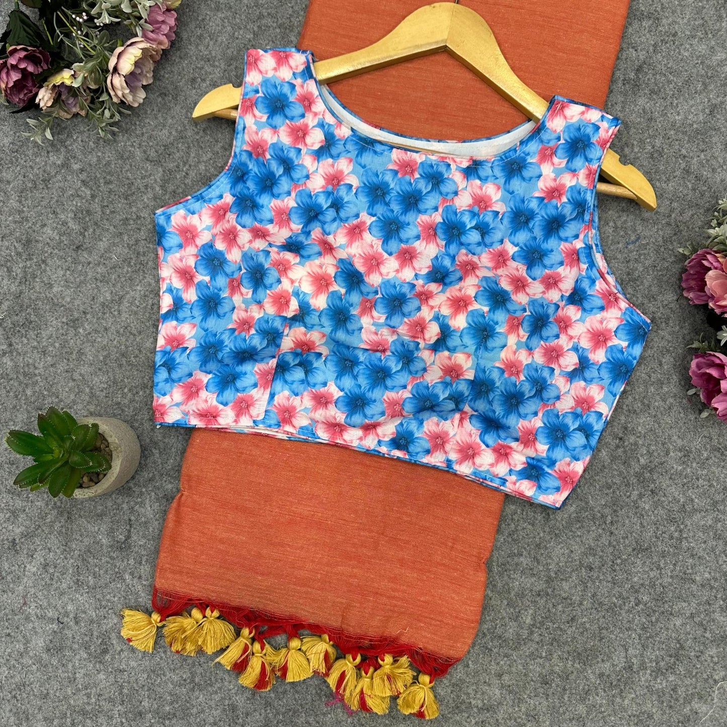 Printed Readymade Blouse with Solid Color Saree Multiple Vibrant Shades