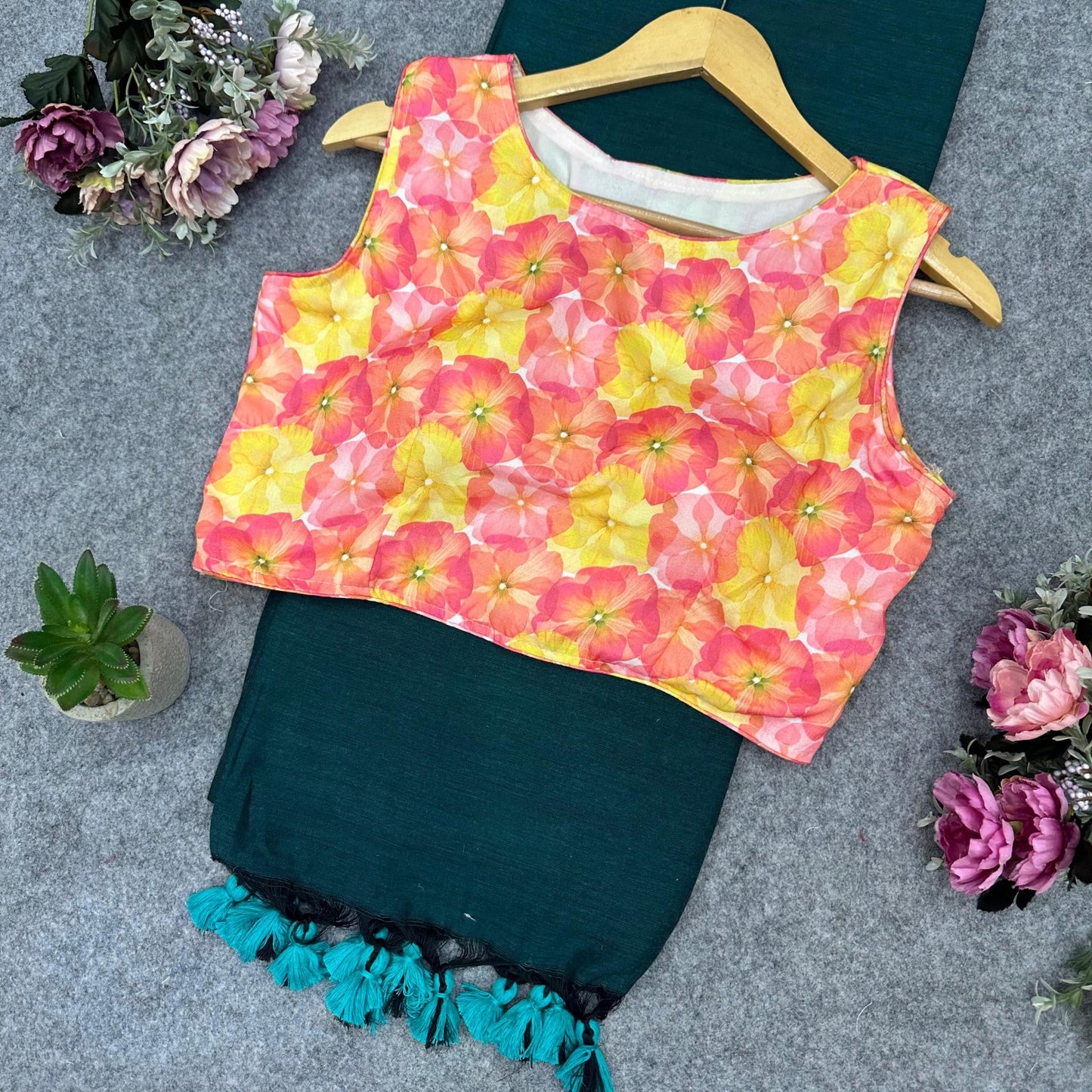 Printed Readymade Blouse with Solid Color Saree Multiple Vibrant Shades