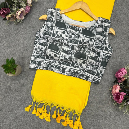 Printed Readymade Blouse with Solid Color Saree Multiple Vibrant Shades