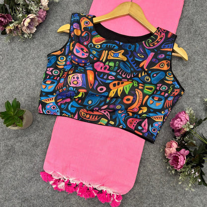 Printed Readymade Blouse with Solid Color Saree Multiple Vibrant Shades