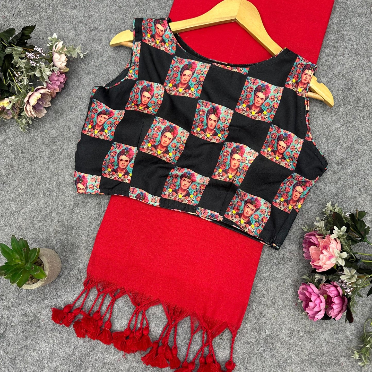 Printed Readymade Blouse with Solid Color Saree Multiple Vibrant Shades