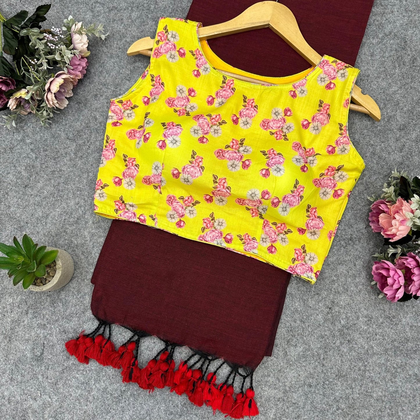 Printed Readymade Blouse with Solid Color Saree Multiple Vibrant Shades