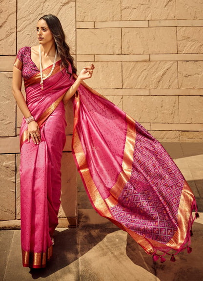 Soft Khadi Raw Silk Bandhani Weaving Saree with Patola Pallu & Contrast Blouse