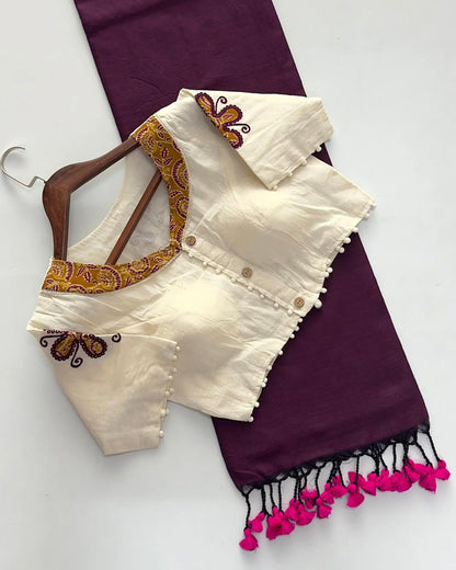 Khadi Cotton Saree with Readymade Heavy Applique Khadi Blouse