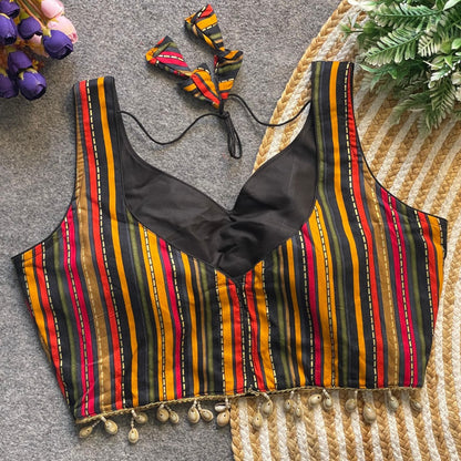 Multicolor Striped Rayon Cotton Sleeveless Blouse with Cowrie Shell Detailing