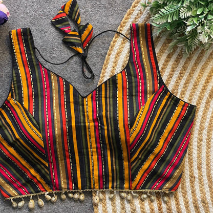Multicolor Striped Rayon Cotton Sleeveless Blouse with Cowrie Shell Detailing