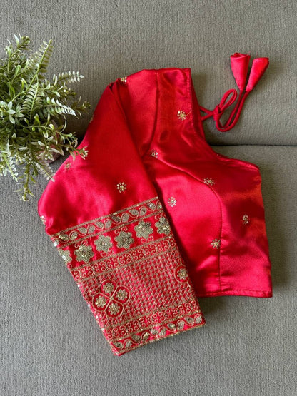 Silk Embroidered Blouse with Elbow Sleeves and Golden Zari Work Designer Saree Blouse for Women