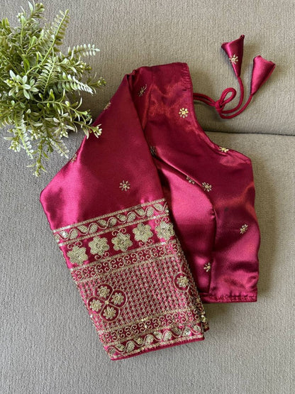 Silk Embroidered Blouse with Elbow Sleeves and Golden Zari Work Designer Saree Blouse for Women