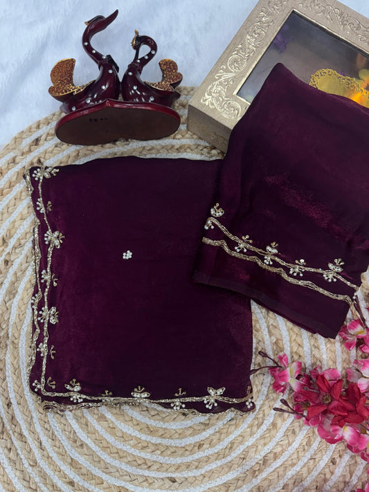 Wine Space Silk Saree with Katdana and Pearl Handwork