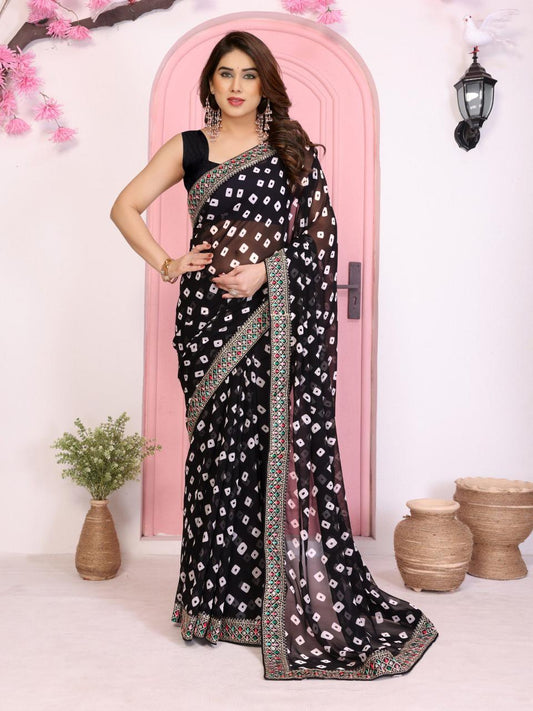 Bandhej Georgette Saree with Embroidered Lace Border and Designer Blouse
