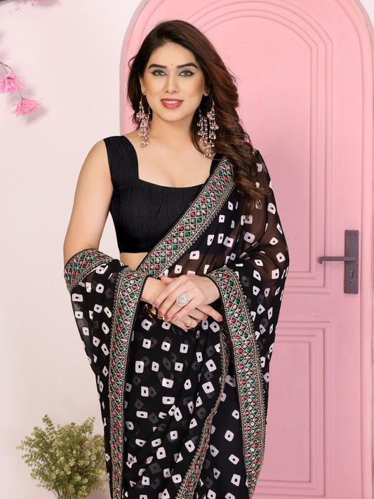Bandhej Georgette Saree with Embroidered Lace Border and Designer Blouse