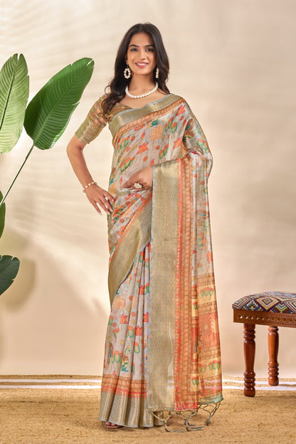Golden Beige Soft Silk Saree with Zari Border and Lotus Peacock Print