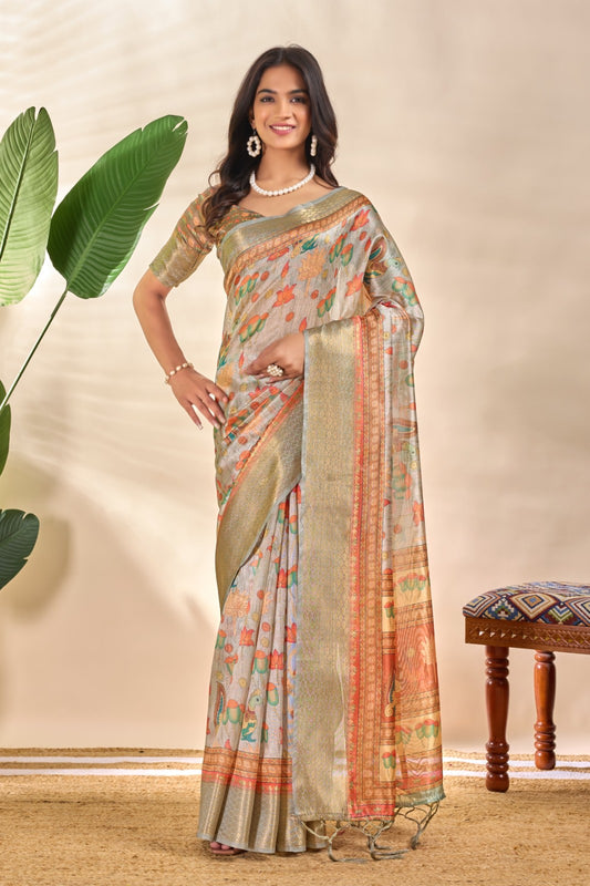 Golden Beige Soft Silk Saree with Zari Border and Lotus Peacock Print