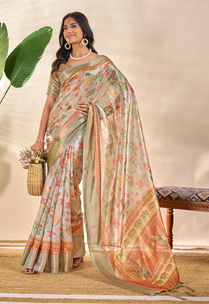 Golden Beige Soft Silk Saree with Zari Border and Lotus Peacock Print