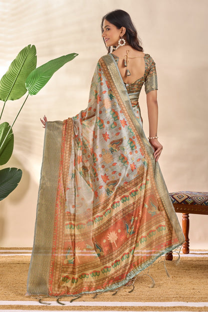 Golden Beige Soft Silk Saree with Zari Border and Lotus Peacock Print
