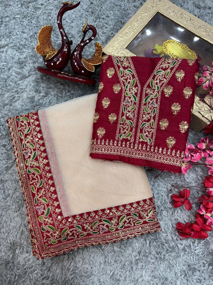 Champagne Gold Twill Saree with Rich Red Embroidered Blouse