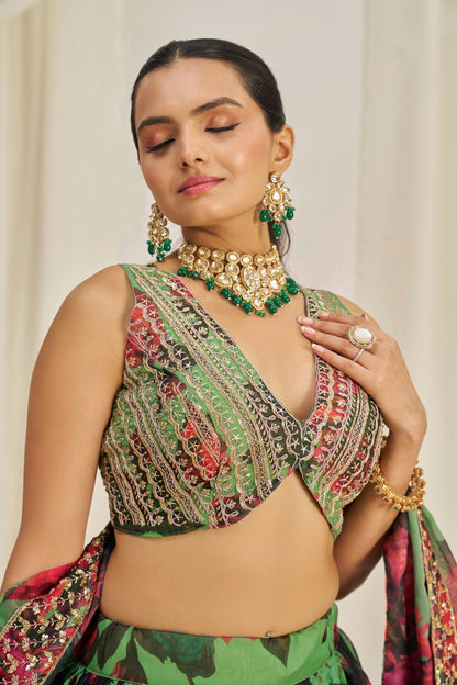 Elegant Green Floral Organza Lehenga Set Semi-Stitched Perfect for Weddings and Festive Events