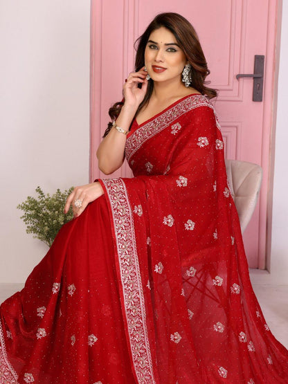 Party Wear Fendy Chiffon Silk Saree with Embroidery and Piping Border