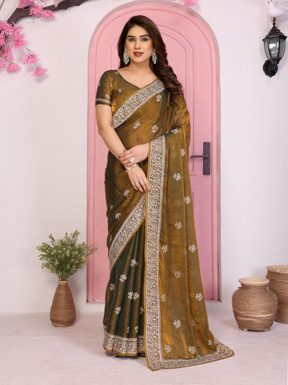 Party Wear Fendy Chiffon Silk Saree with Embroidery and Piping Border
