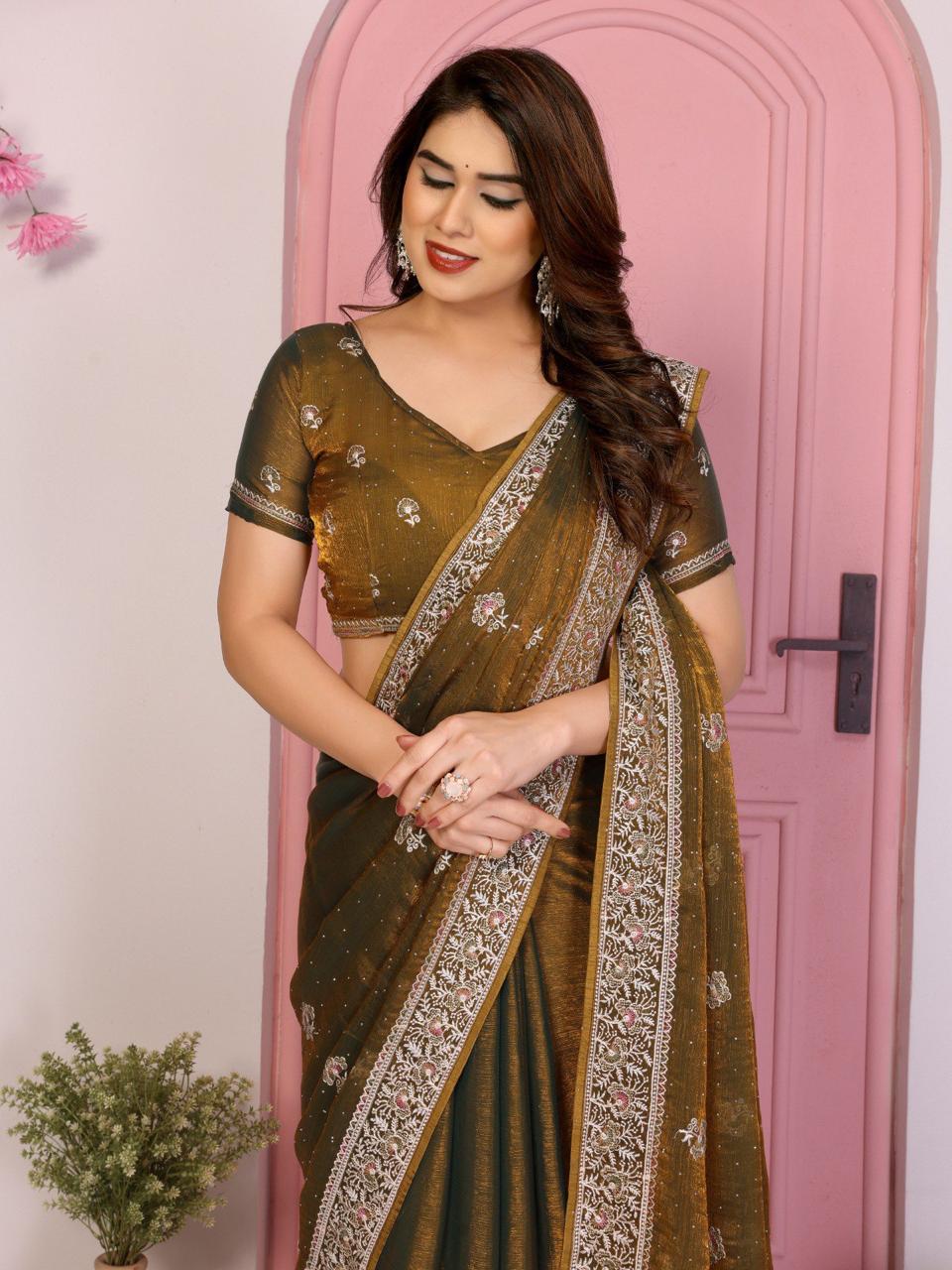 Party Wear Fendy Chiffon Silk Saree with Embroidery and Piping Border