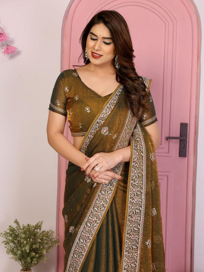 Party Wear Fendy Chiffon Silk Saree with Embroidery and Piping Border