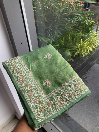 Party Wear Fendy Chiffon Silk Saree with Embroidery and Piping Border