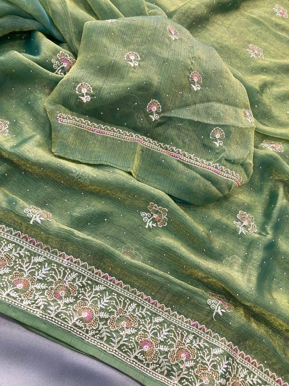 Party Wear Fendy Chiffon Silk Saree with Embroidery and Piping Border