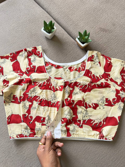 Beige Cow Print Cotton Fabric Front Open Non Padded Blouse