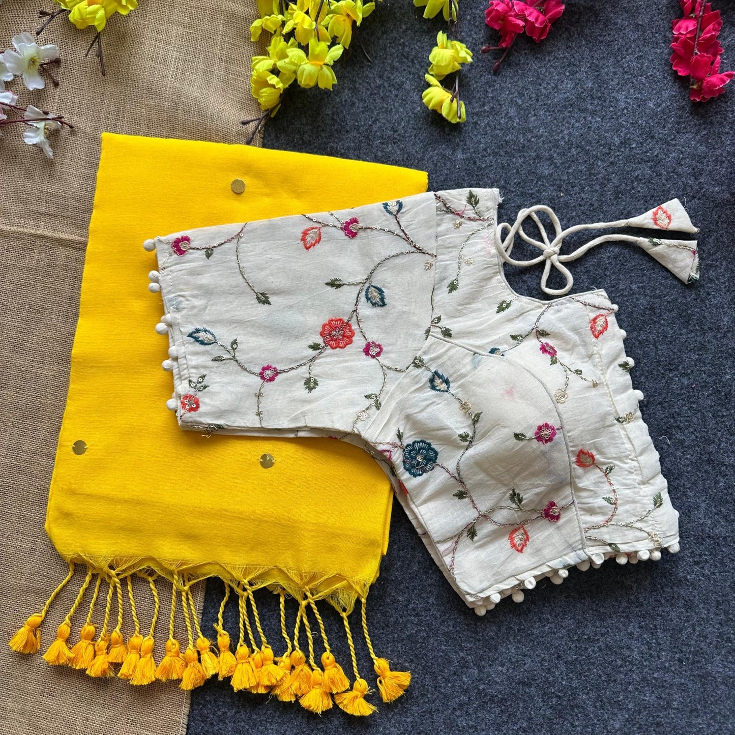 Pure Khadi Cotton saree with Readymade Embroidered Sequins Blouse
