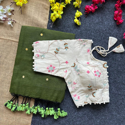 Pure Khadi Cotton saree with Readymade Embroidered Sequins Blouse