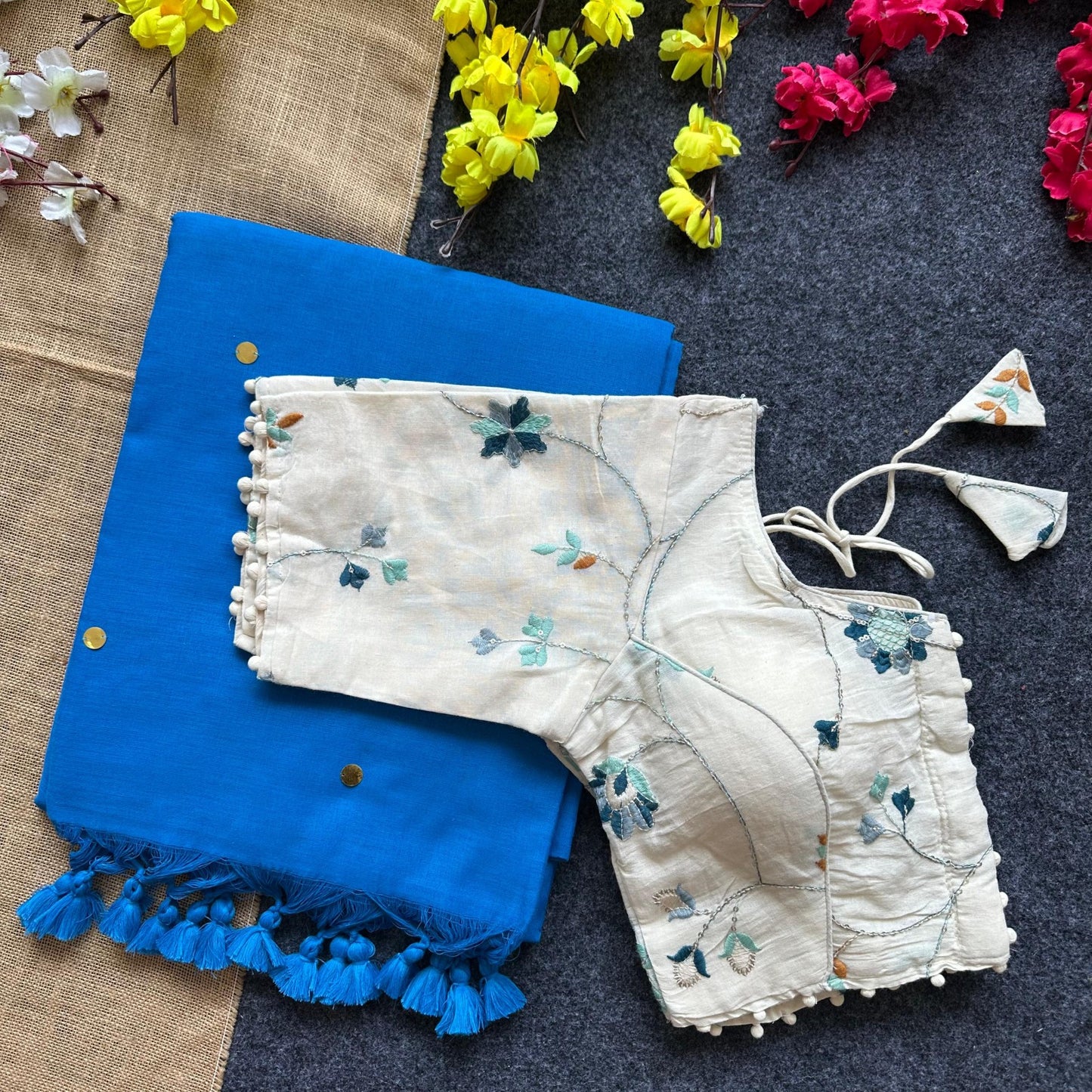 Pure Khadi Cotton saree with Readymade Embroidered Sequins Blouse