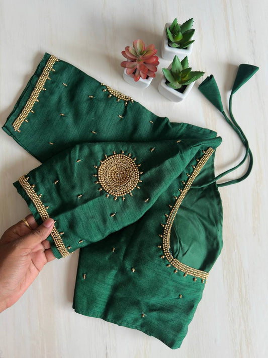 Assam Silk Maggam Handwork Blouse – Gola Design with Elbow Sleeves