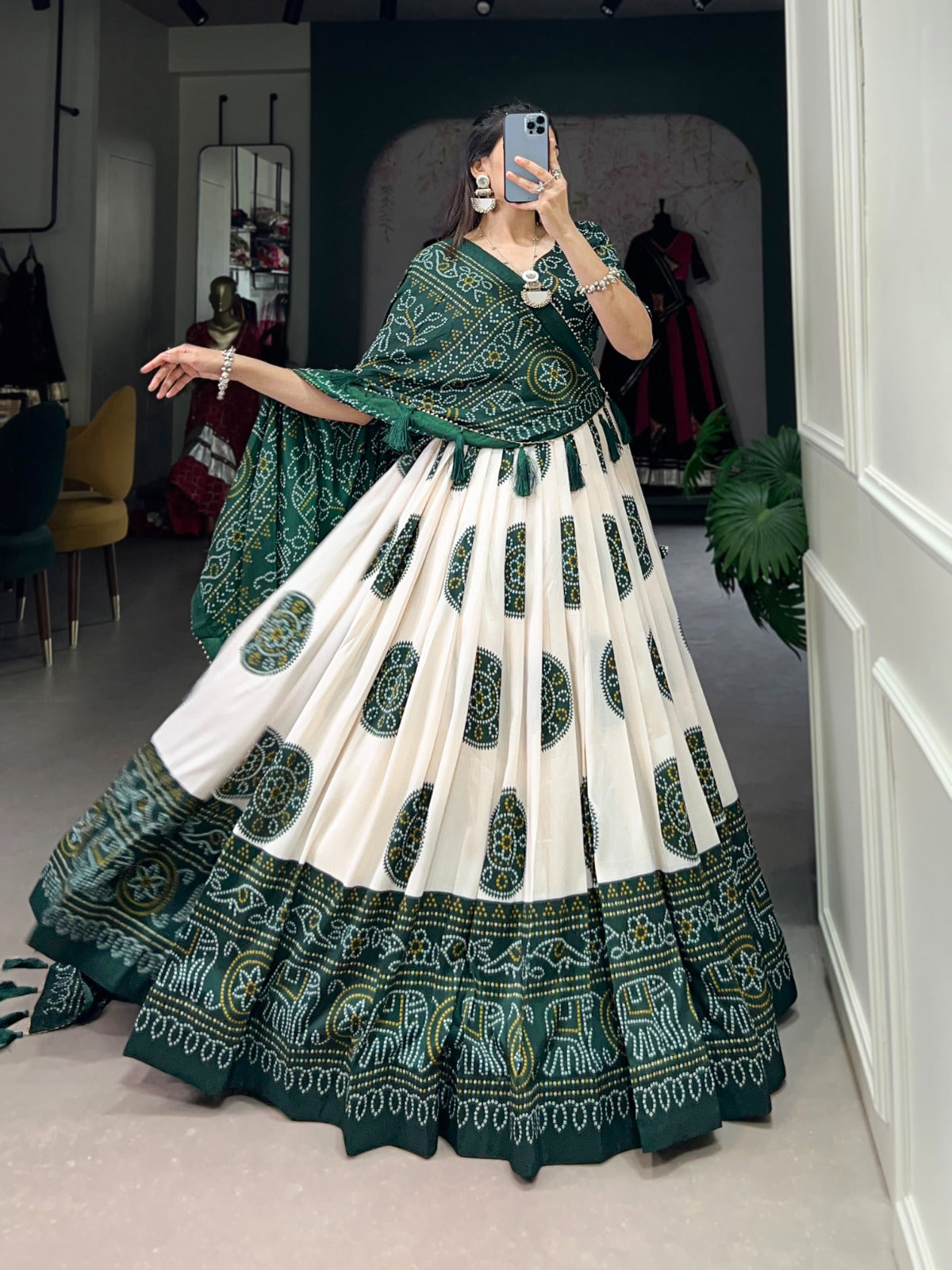 Elegant Bandhej Print Tasar Silk Lehenga Choli Set with Printed Dupatta