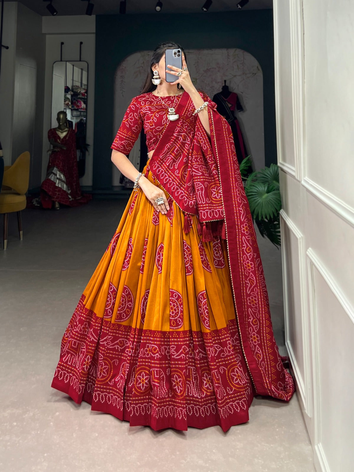 Elegant Bandhej Print Tasar Silk Lehenga Choli Set with Printed Dupatta
